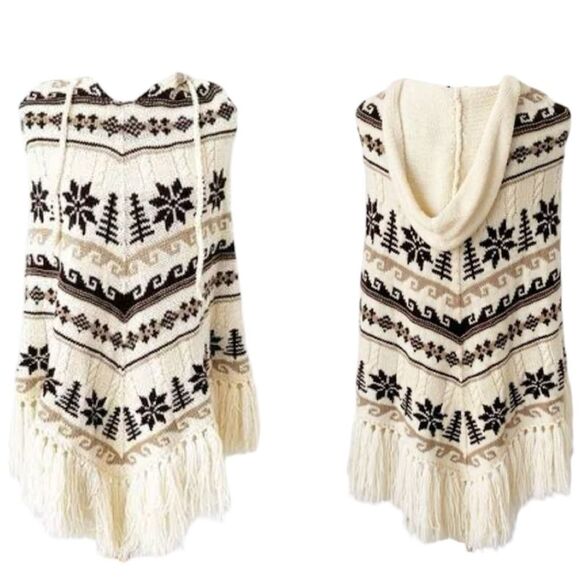 J. Crew Hand-knit 100% Wool Fair isle Motif Fringe Hooded Poncho One Size - Picture 3 of 13